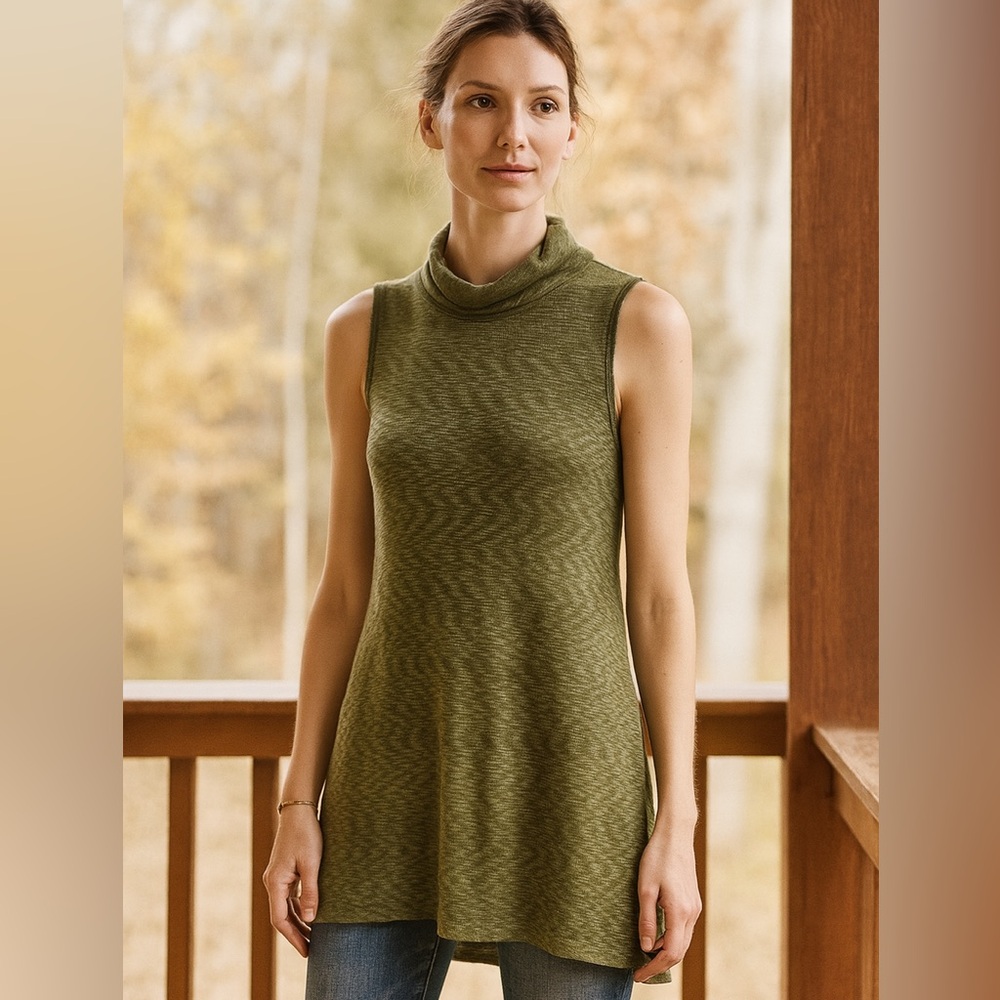 Anthropologie Left of Center Mock‎ Neck Sleeveless Tunic Top XS Petite XSP green